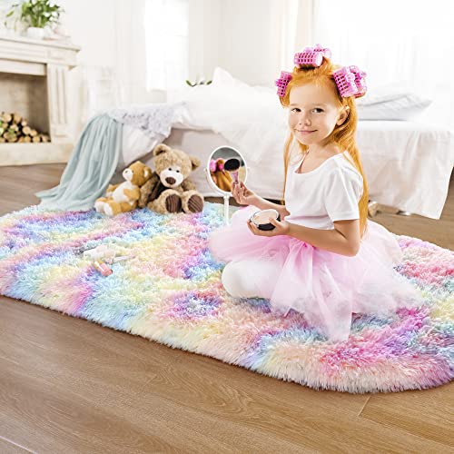 Noahas Oval Fluffy Rainbow Rug 2.6X5.3 Small Kids Rugs For Bedroom Girls Aesthetic,Bedside Bedroom Rug,Ultra Soft Runner Carpet Modern Shaggy Nursery Area Rugs Home Decor #TOP2