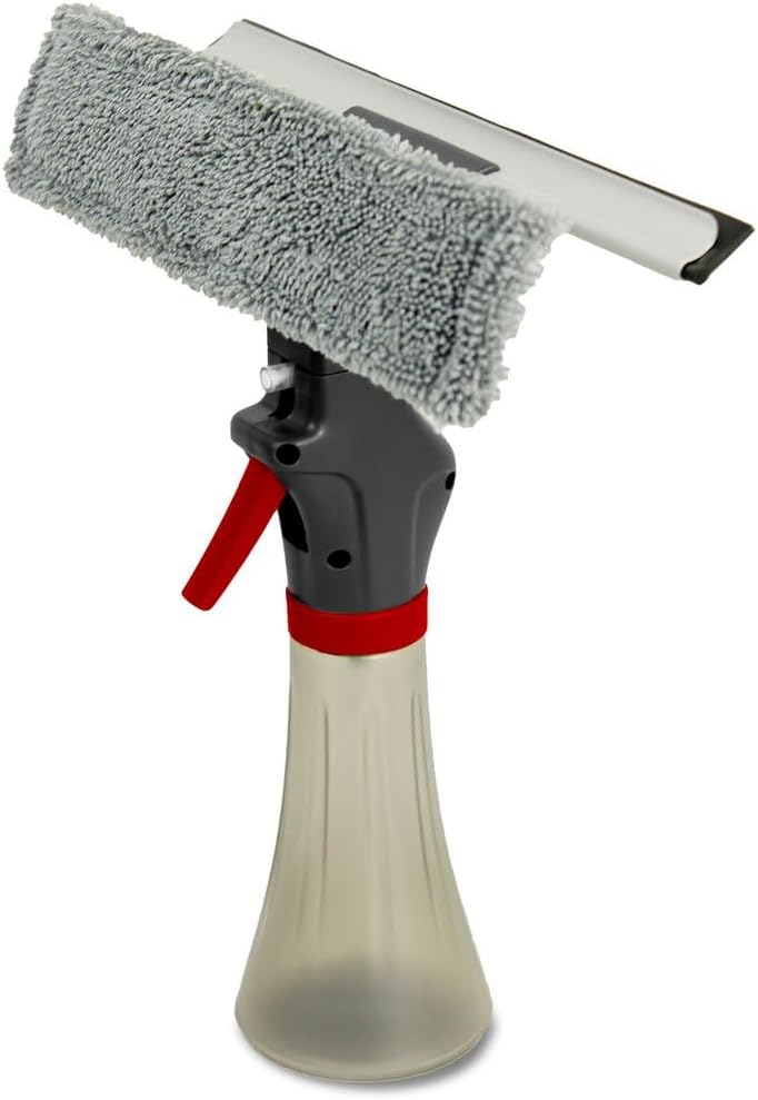 Libman 3-in-1 Window Squeegee Spray Tool – Spray Bottle with Microfiber Scrubber and Rubber Blade – All-in-One Glass Cleaner – Streak-Free Shine – Machine-Washable – Easy Storage & Use