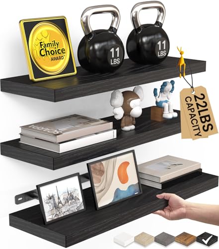 BAYKA Floating Shelves for Wall, Wall Mounted Rustic Wood Shelves for Bathroom, Bedroom, Living Room, Kitchen, Hanging Shelf for Books/Storage/Room Decor with 22lbs Capacity (Black, Set of 3, 15.7in)