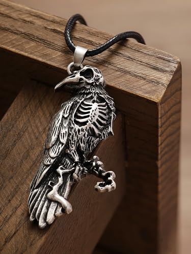 HAQUIL Raven Skull Necklace, Gothic Witchy Raven Bird Skeleton Skull Pendant, Faux Leather Cord, Goth Jewelry Gift2