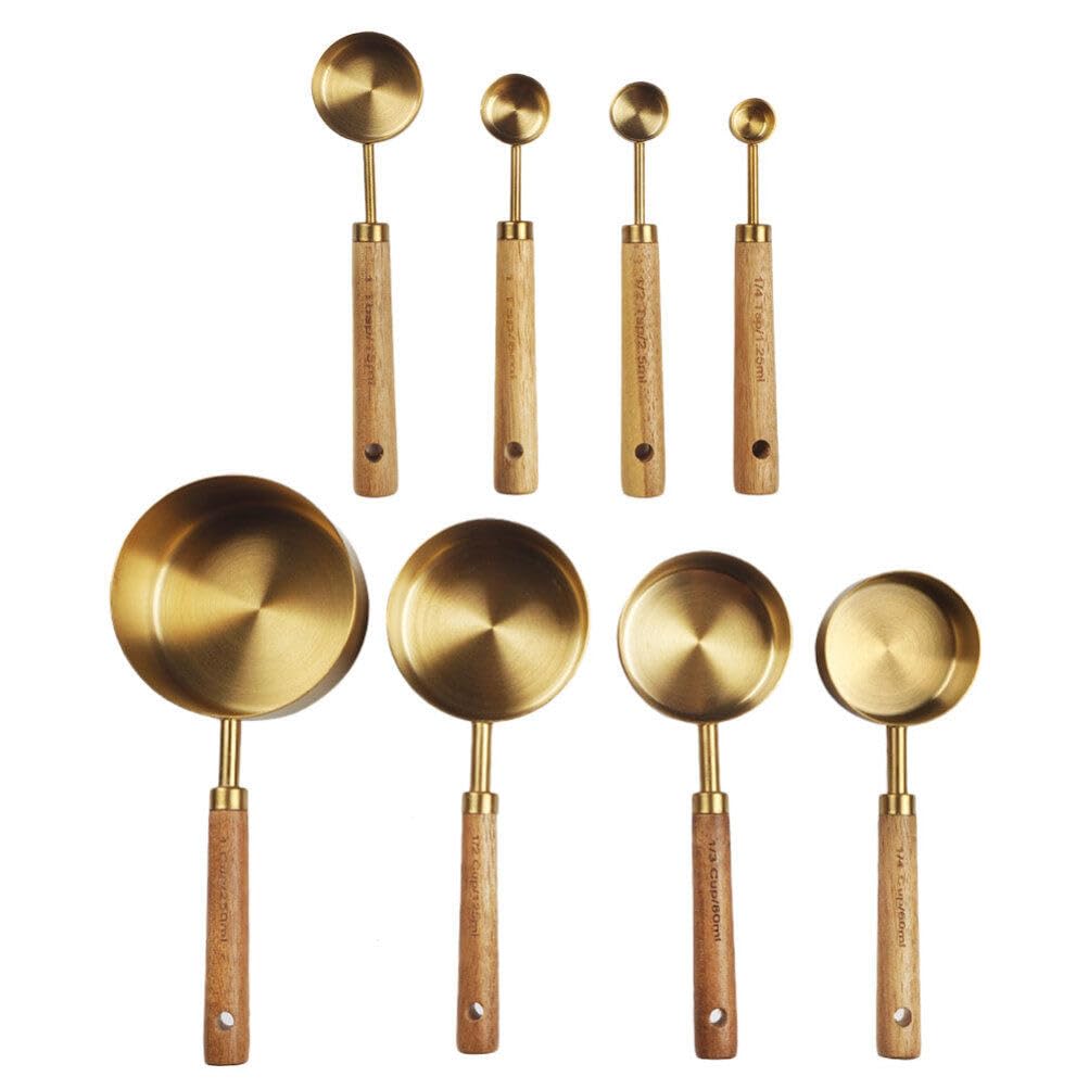 STOBAZA Juego De Tazas Y Cucharas Medidoras De Acero Inoxidable 8 Piezas En 1 Taza Medidora Apilable Herramientas Para Hornear De Cocina Con Mango De Madera Para Ingredientes De Vino