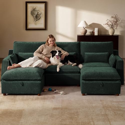 Image of WorthFurni Modern Modular Sectional Sofa,103 inch U Shape Minimalist Couch with Storage Ottoman,Comfty 4 Seat Sofa for Living Room,Green Chenille