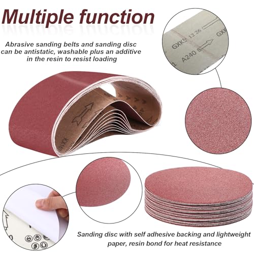 Image of Blulu 66 Pieces Sanding Belts and Sanding Discs Set Includes 4 x 36 Inch Belts (80 /120 /150 /240 /400 Grits) and 6 Inch Self Adhesive No Hole Alumina Disc for Bench Combination Sander Woodworking