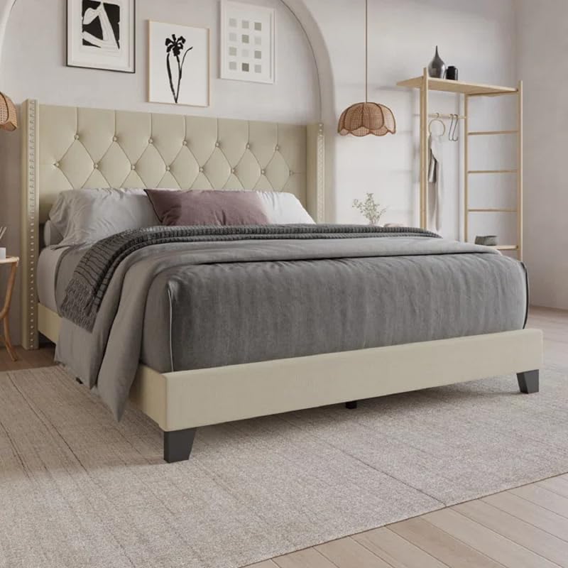 NIKIWOOD Ivralis Modern Upholstered King Size Bed Without Storage Modern Upholstered Headboard Double Bed Wooden Cot Palang for Living Room Bedroom Home (Beige)-image-46