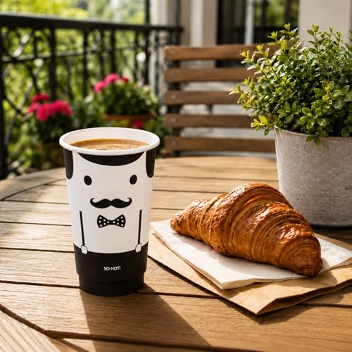 Image of Restaurantware 16 Ounce Paper Cups, Pack of 500 Monsieur Design Disposable Cups - Leakproof, Durable, Black and White Paper Insulated Hot Cups, with Matching Lids Available for Purchase Separately