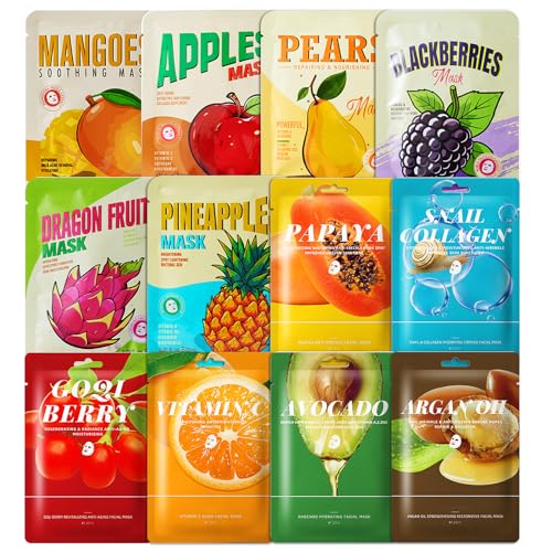 12 Masques en Feuille, Soin Coréen pour le Visage avec Ingrédients Naturels, Masque de Beauté Daily Care, Hydratation et Nourrissants pour Tous les Types de Peau, 25ML