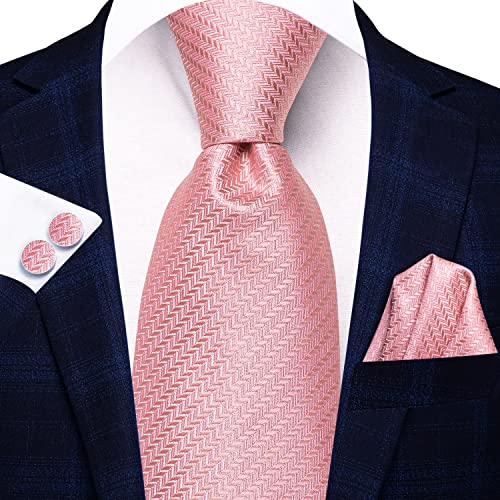 Hi-Tie Solid Mens Blush Pink Ties Wedding Silk Necktie And Pocket Square Cufflinks Set For Prom Dinner #TOP2