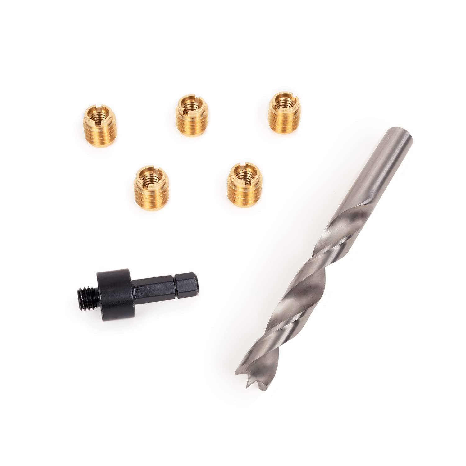 E-Z LOK Insertos roscados 400-6 para madera, kit de instalación, latón, incluye insertos de rosca de cuchillo 3/8-16 (5), taladro, herramienta de instalación