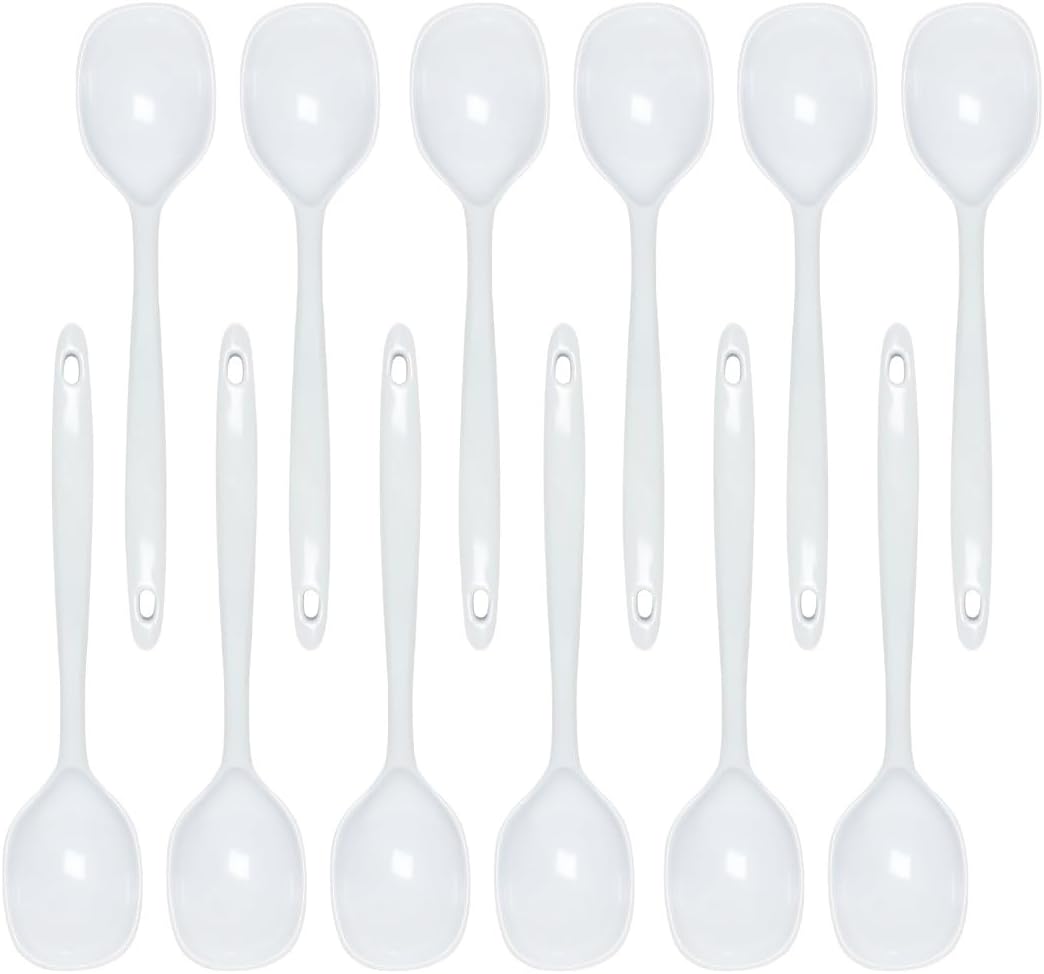 TrueCraftware- 12” Solid Spoon White Color Melamine Set of 12- Kitchen Utensil Cooking Spoons Cookware Kitchen Gadgets Utensil Dishwasher Safe Great for Cooking Serving Mixing