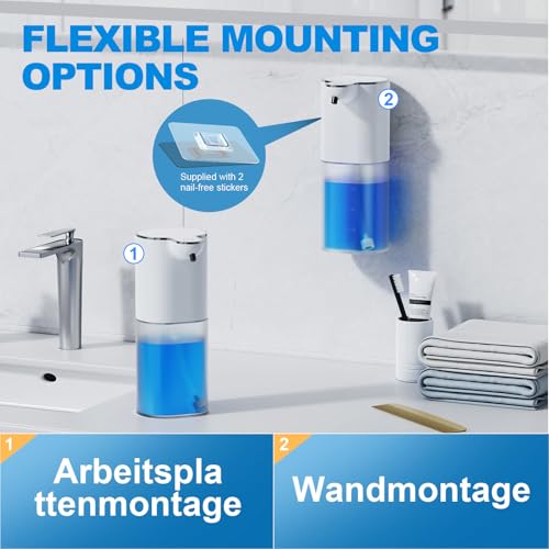 Fantictas Desinfektionsspender Automatisch, 400ml desinfektionsspender Sensor Wandbefestigung ohne Bohren mit USB Wiederaufladbar,IPX5 Wasserdicht für Bad Toilette Küche und Büro