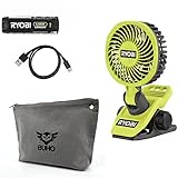 Buho Clamp Fan Accessory Bundle - Ryobi USB Fan Powerful Cooling Adjustable Head Multi-Directional Airflow 2 Speed Settings 135 CFM 7 Hours Runtime Clamping Capacity Zipper Pouch