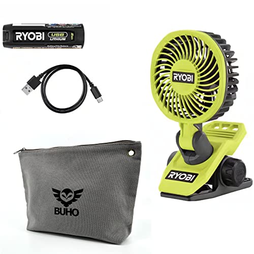 Image of Buho Clamp Fan Accessory Bundle - Ryobi USB Fan Powerful Cooling Adjustable Head Multi-Directional Airflow 2 Speed Settings 135 CFM 7 Hours Runtime Clamping Capacity Zipper Pouch