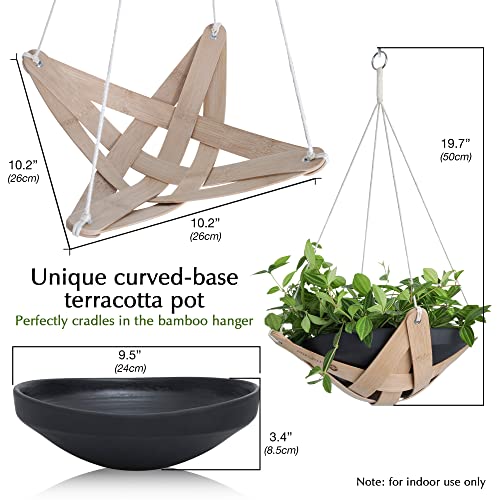 Terrapotter Hanging Planters For Indoor Plants - 9.5 (D) 3.4 (H) Shallow Ceramic Hanging Pot With Bamboo Hanging Plant Holder - Handmade Hanging Pots For Plants Indoor – Plant Hanger Indoor #TOP5
