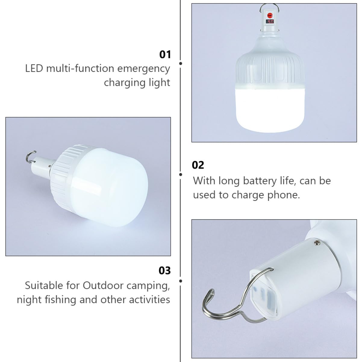 Lampe de Camping Plastique Blanc LED Rechargeable 100w 3 Niveaux de Luminosité, Batterie 1200mah Pêche de Nuit Urgences