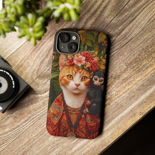 Coque iPhone 15 Plus chat roux protection rigide mate motif floral