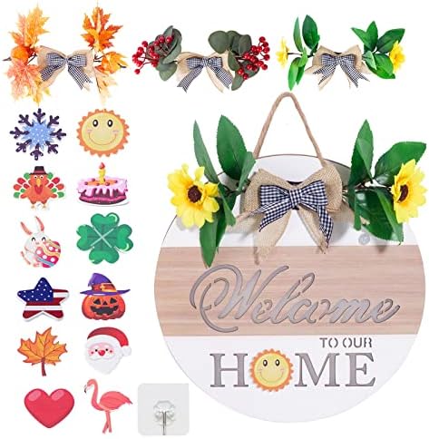 Interchangeable Welcome Home Sign for Front Door Decor, Seasonal Farmhouse Front Porch Door Decor, Welcome Wreaths Sign with Sensor Light Automatically, Round Wooden Hanging Sign Housewarming Gift