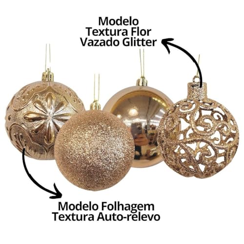 Conjunto 15 Bolas Natal Textura Rena e Folhagens Champanhe Luxo 8cm e 10cm - Master Christmas