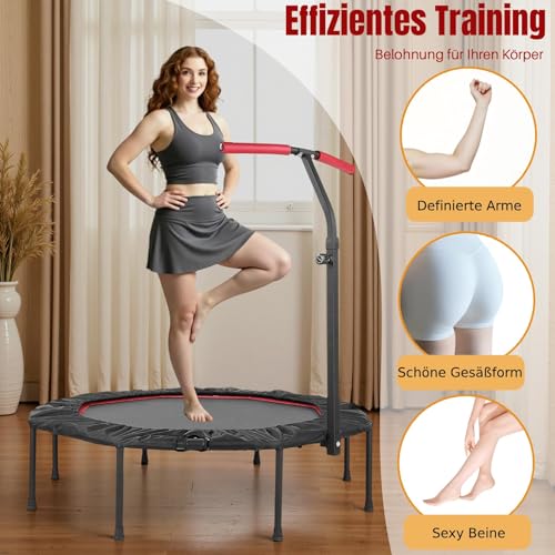 LIFERUN Mini Trampoline d'intérieur pour Adultes Ø 128 cm,Petit Trampoline de Fitness,Saut rebondissant,Capacité de Charge 150 kg,Corde en Caoutchouc,Poignées réglables en Hauteur,Maison, Rouge – Image 6