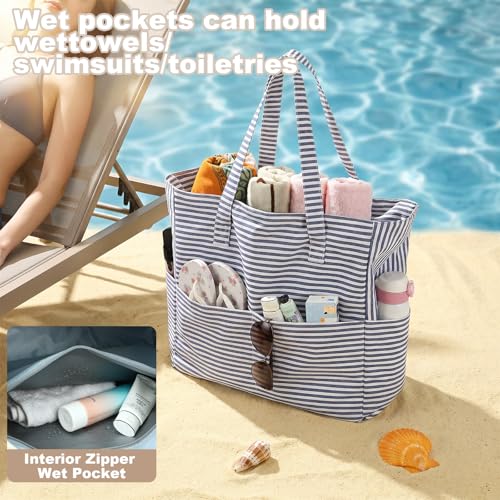 Image of LEDAOU Large Beach Bag Women Waterproof Sandproof Zipper Beach Tote Pool Bag for Swim Gym Grocery Travel with Wet Pocket