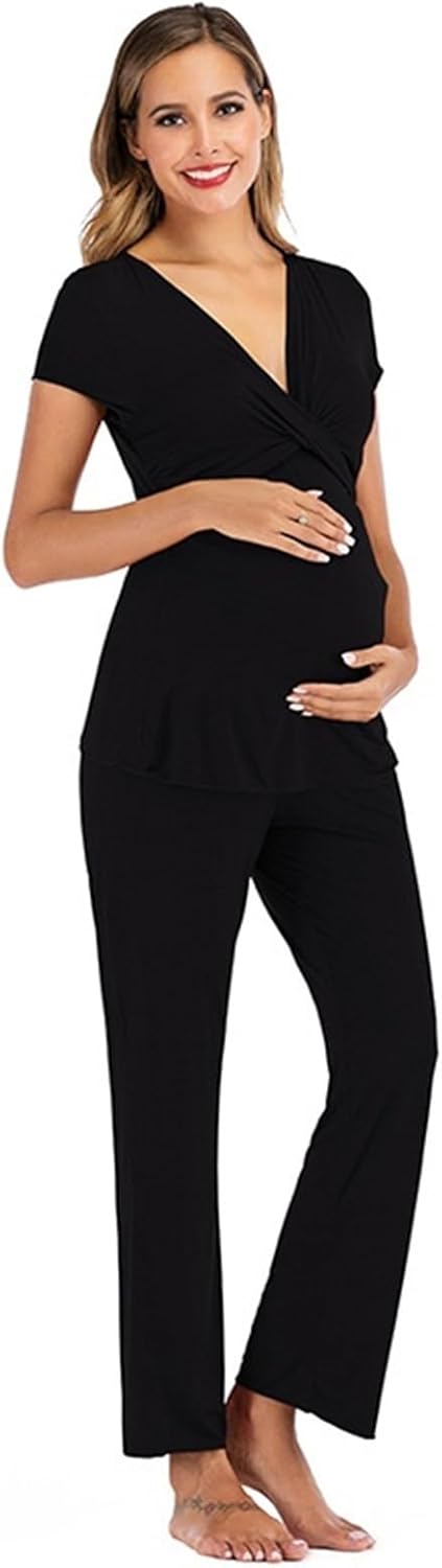 Maternity Nursing Pajama Set Lightweight Pregnancy Sleepwear Short Sleeve Breastfeeding PJs for Labor Delivery