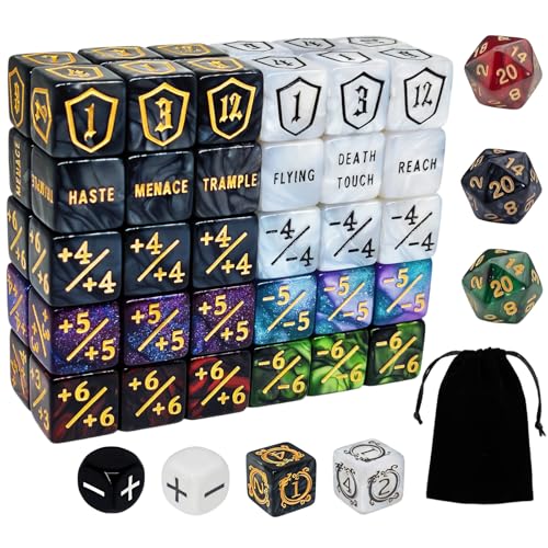 67-teiliges MTG-Würfelset | Fähigkeits-Zähler -1/+1 & Schild-Lebenszähler Kreaturen-Stats Bunte D6-Würfel Drachen-Design für TCG-Kartenspiele inkl. schwarzem Beutel