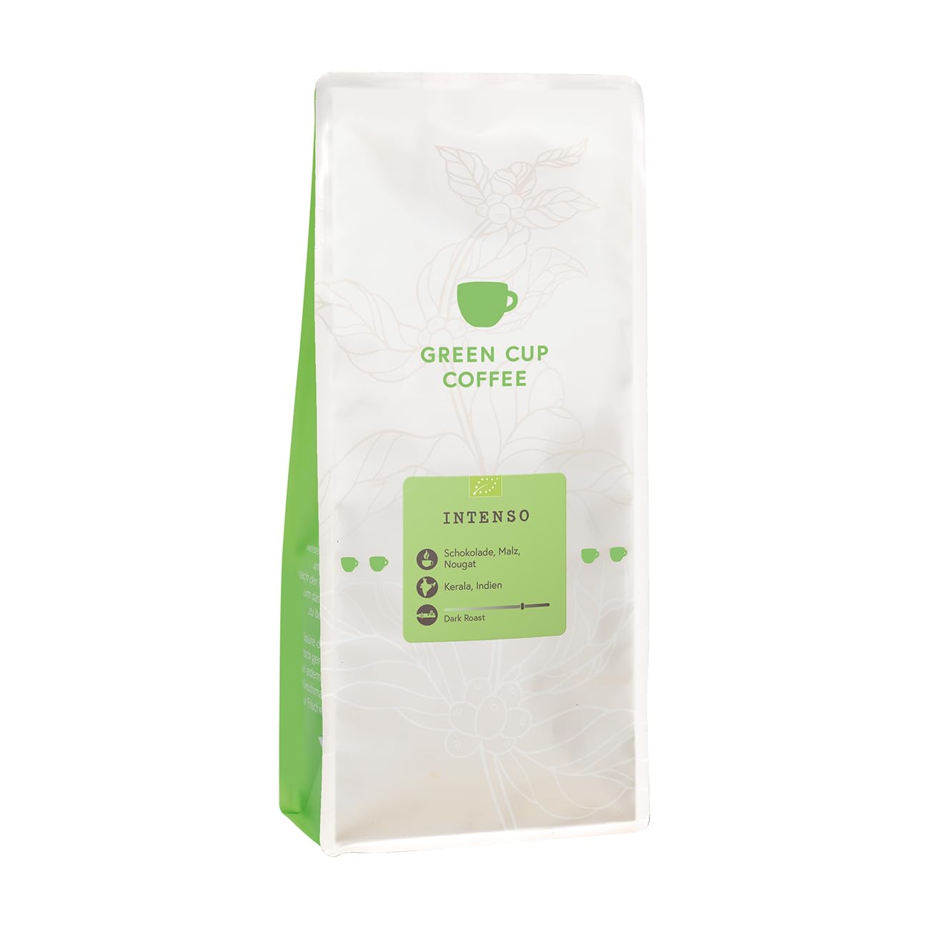 Green Cup Coffee Intenso | Robusta Kaffeebohnen Ganze Bohnen 1 kg | 100% Robusta Single Origin Indien Bio | Dunkle Röstung Schokolade Malz Nougat | Espresso Siebträger Vollautomat