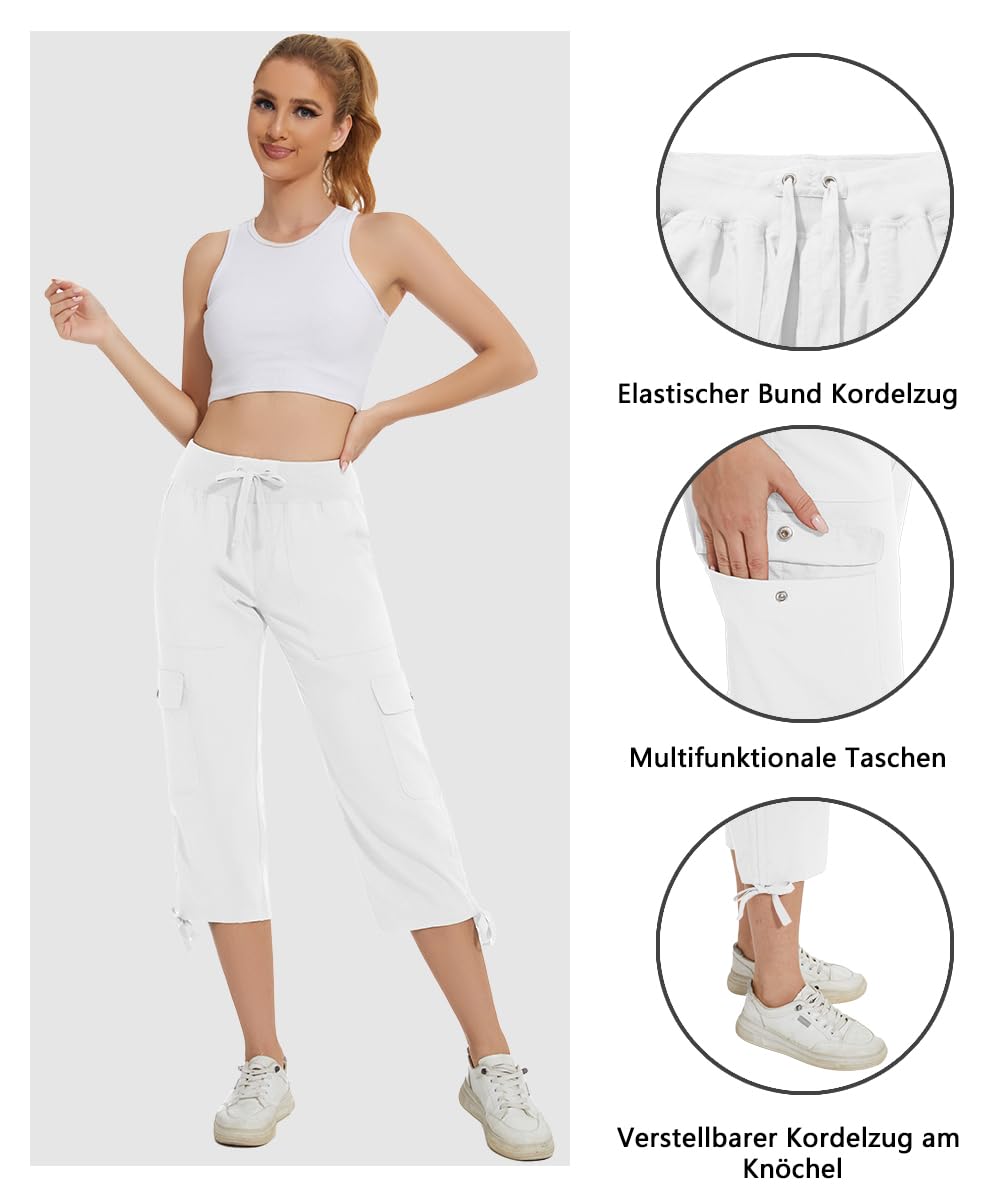 Huayuzh Damen Cargo Caprihose Wanderhose 3/4 Hose Sommer Cargohose Leichte Atmungsaktiv Athletisch Reisen Lässig Outdoorhose