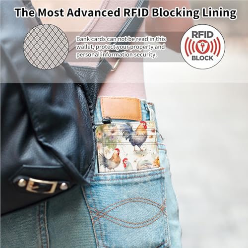 BVDIKMI Slim Wallet for Women, Small Wristlet Keychain Wallet, Front Pocket RFID Blocking PU Leather Wallet Credit Card Holder for Men, Watercolor Chicken4