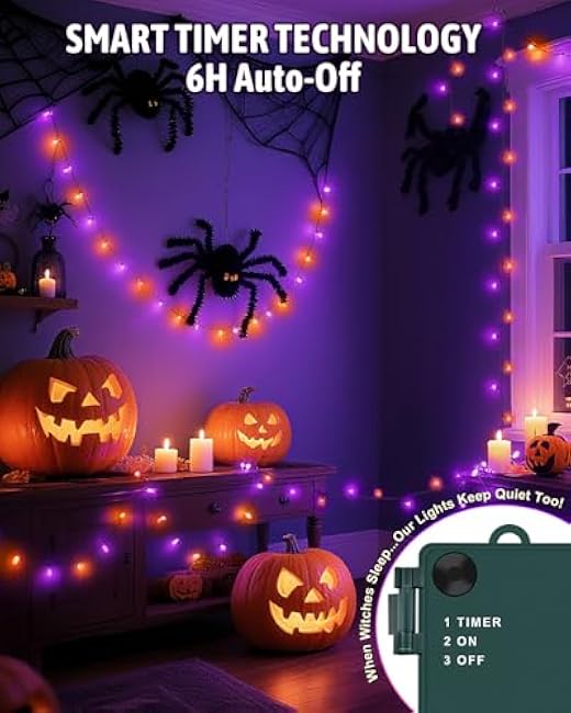 Halloween String Lights Battery Operated, Orange and Purple Fairy Lights with Timer Waterproof 9.8ft 30 LED Halloween Decorations for Outdoor Indoor Patio Party Garden Yard Decor 2 Packs