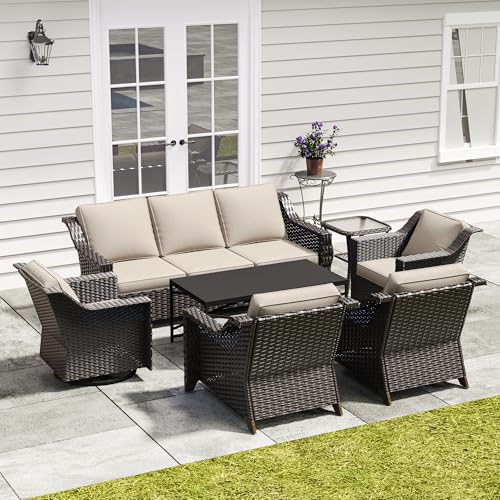 Image of 7 Pieces Outdoor Conversation Furniture Set - 77 inch Patio sofa, 2 Armchairs, 2 Swivel Glider Chairs, 1 Side Table, 1 Metal Coffee Table, Wicker Couch with Washable Cushions for Porch (Beige) | Patio Chair Set with Olefin Removable Cushion, All-Weather Outdoor Couch with Deep Seat for Porch, Deck and Backyard, Beige
