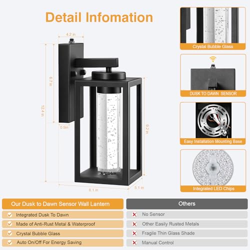 Image of VIANIS 2 Pack Exterior Garage Lighting Fixtures Wall Mount, 100% Aluminum | Durable Crystal Bubble Glass, Modern Black Outdoor Porch Lights for House, Built-in LED Outdoor Wall Sconce Lights Lantern