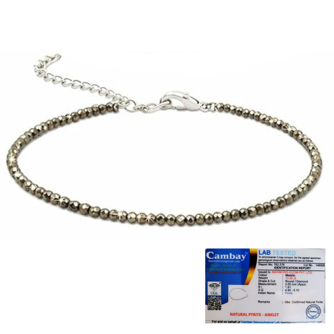 MARMORIS ECOM Raw Pyrite Anklet | Stone of Money, Protection & Power | Natural Healing Crystal Pyrite Anklet for Women | Best Gift Items | Spiritual Jewellery | Certificate of Authenticity | 2mm Beads