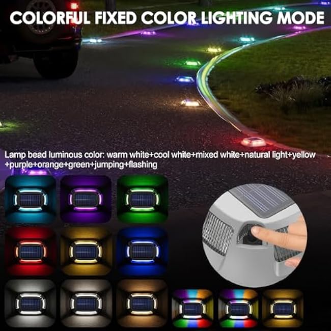 AOZBZ 12 Pack Solar Driveway Deck Lights, IP68 Waterproof Solar Dock Lights with 10 Lighting Modes, Outdoor Road Markers for Walkway Ground Sidewalk, Outside Stair Step Lighting
