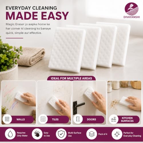 Image of Divayanshi Magic Eraser Sponge Pack of 4 | Powerful Stain Remover with Just Water | No Scratch Multi-Surface Cleaning Sponge for Kitchen, Bathroom, Walls, Shoes & Switchboards
