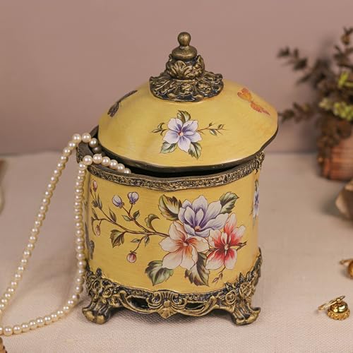 Image of Flower Printed Luxurious Jewellery Jar, Resin Handcrafted Antique Premium Jewelry Storage Box for All Jewelry Necklaces Earring Ring Chain Bangle (Mustard, 6.5X10 Inch)