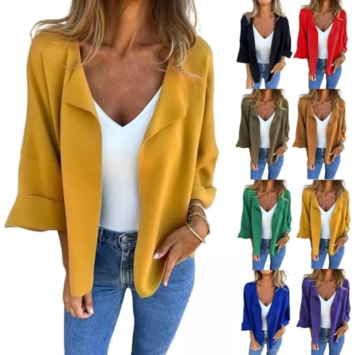 Peculiar Faux Suede Cardigan, Women's 3/4 Sleeve Lapel Solid Color Jacket, Casual Open Front Lapel Draped Outwear