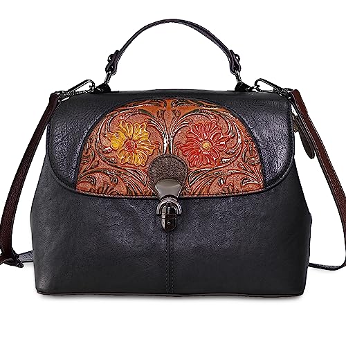 Image of Genuine Leather Satchel for Women Top Handle Bags Handmade Purse Vintage Embossed Leather Crossbody Handbags Hobo Bag