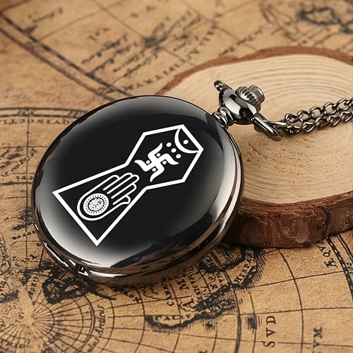 Image of Vintage Gandhi Style Pocket Watch with Engraved Designs & Messages Royal Black Analog for Men Women & Kids Includes Key Ring for car or Bike Keys Ideal Gift