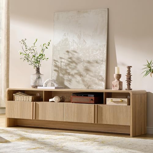 AMERLIFE Modern TV Stand for TVs up to 80', 70 inch Fluted TV Console with Storage Cabinets, Wood Entertainment Center Media Console for Living Room, Natural Oak