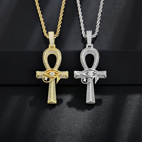 Men's Eye of Horus Ankh Cross Necklace Brass Gold Plated Square Crystal Zircon Ankh Pendant2
