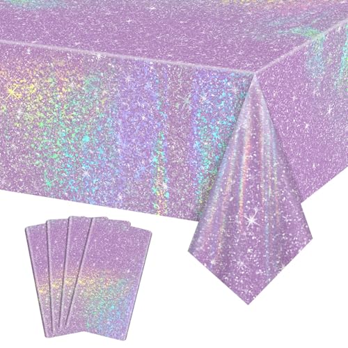 APUXXJUPA 4 Pcs Purple Laser Table Covers, Shiny Disposable Rectangle Purple Tablecloth for Iridescent Party Decorations Bridal Wedding Party Supplies, 51 x 86 inches by APUXXJUPA - Used condition - US$8.40