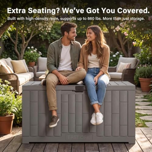 Image of EAST OAK Outdoor Storage Box, 60 Gallon Deck Box Indoor and Outdoor Use, Waterproof Resin Storage Bin for Patio Cushions, Gardening Tools, Lockable, UV Resistant, Ash Grey