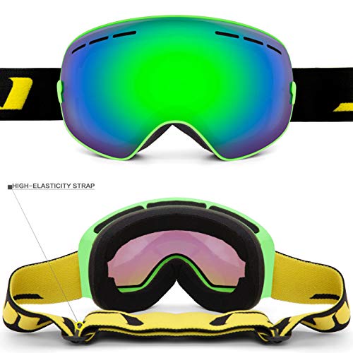 Image of JULI Kids Ski Goggles,Interchangeable Double Layer Spherical Lens,OTG Anti-Fog Snowboard Skate Snow Goggles Age 4-16 4300(Green)