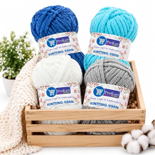 Image of ProKart - Blankie Plush & Cuddly Chenille Yarn for Knitting | Super Soft Velvet Pastel Yarn for Blankets, Baby Toys & DIY Crafts | 100g, Pack of 4 (Royal Blue, Sky Blue, Pure White, Silver)