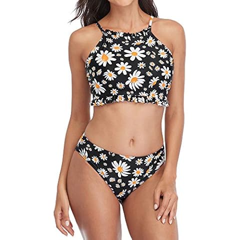 beautyin Womens Flower Printed High Neck Ruffled Low Waisted Cross Back Bikini Swimsuits Sets Black L Cover