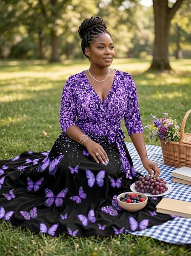 Image of SUZONANA Plus Size Dresses for Women Print Maxi Dresses Flowy 3 /4 Sleeve with Belt