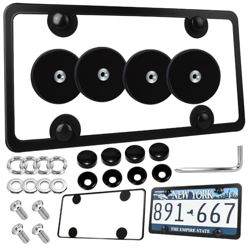 Qishiyi Magnetic License Plate Holder 4 Pack No Drill Neodymium Magnet Mount with Scratch-Proof Rubber Coating & Black Aluminum Frame for Car Bumper Dealer/Temporary Plate (Black)