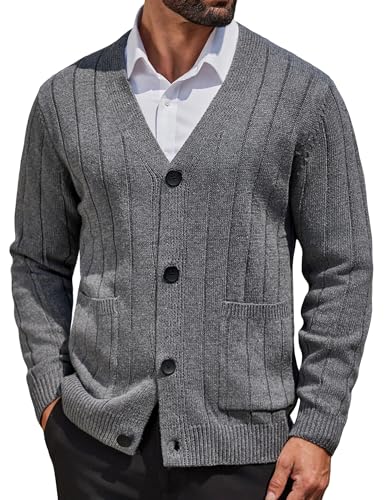COOFANDY Men's Button-Up Sweater Casual Ribbed Cardigan Lightweight Classy Knitted Sweaters with Pockets Grey