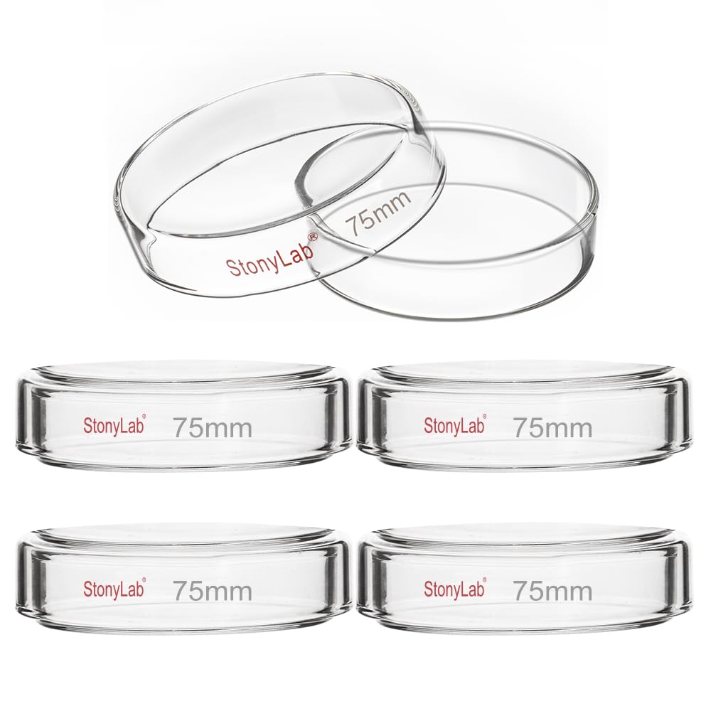 stonylab Boîte de Pétri en Verre avec Couvercle, Paquet de 5 Boîtes de Culture Cellulaire en Verre Borosilicaté Boîte de Pétri Autoclavable Transparente pour Laboratoire, 75x15 mm