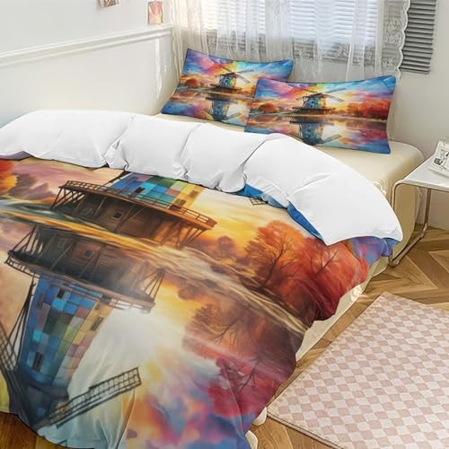 Housse couette imprimé windmill coloré parure lit 3 pièces microfibre douce